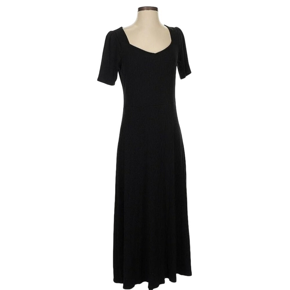 Loft Womens Black‎ Ribbed Sweetheart Neck Midi Dress Short Sleeve Size S